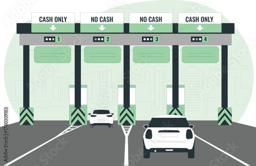 Toll Booth with Cars and Payment Options highway road