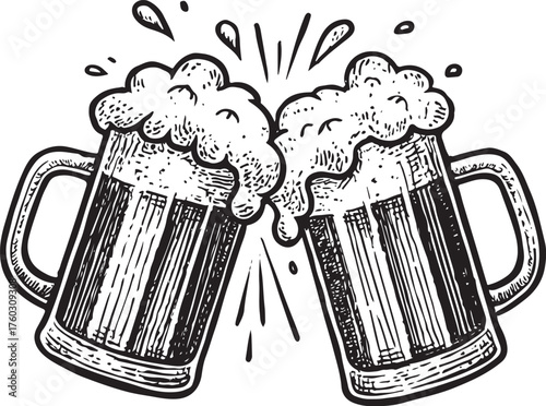 PrintTwo frothy beer mugs clinking together in a toast