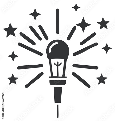 Shining microphone with stars and light rays representing music performance success and celebrity event