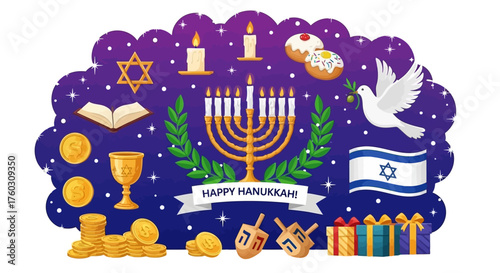Colorful Hanukkah Celebration Illustration with Jewish Symbols