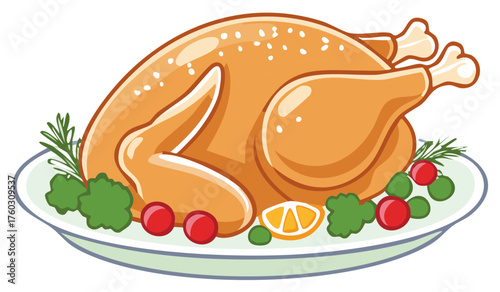 Golden brown roasted chicken or turkey whole on a serving platter garnished with festive cranberries and rosemary