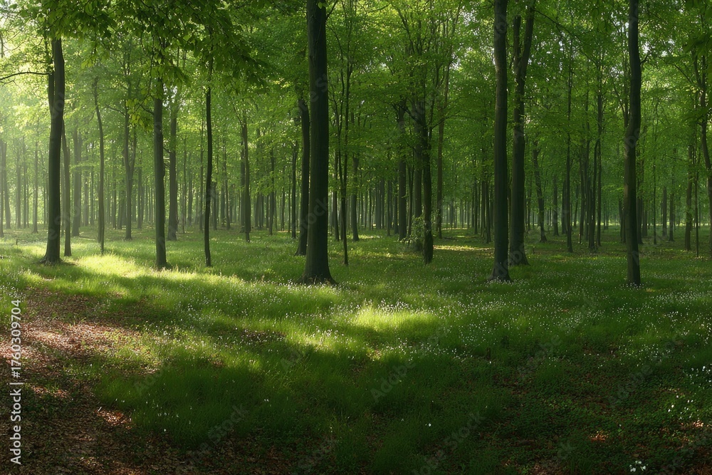 Naklejka premium Sunlight filters through a dense, verdant forest