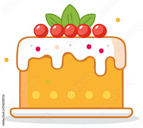 Festive sponge cake illustration with cream, cherries and mint leaves, decorated pastry dessert icon for sweet food concepts