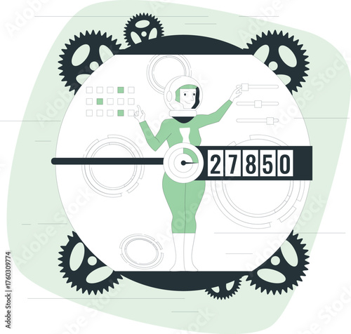 Astronaut in a futuristic interface with gears and a digital counter displaying numbers Keywords: astronaut, space, futuristic, interface, digital, technology, science, exploration, future