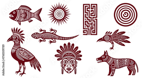Intricate Ancient Aztec-Inspired Animal and Cultural Icon Set