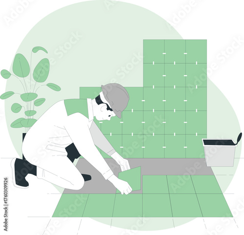 Construction worker laying green tiles on a floor and wall with a plant and bucket Keywords: construction, worker, laying, tiles, green, floor, wall, home, renovation, repair, building, house