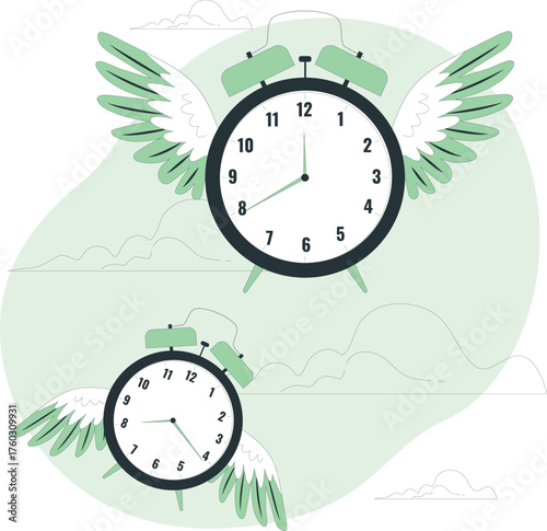Two alarm clocks with wings flying through clouds symbolizing time passing or time flying Keywords: time, flying, clock, alarm, wings, clouds, passing, concept, abstract, metaphor, speed, swift