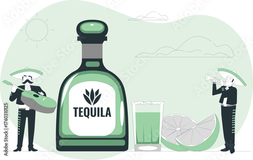 Mexican mariachi musicians and a bottle of tequila with a lime slice alcohol drink