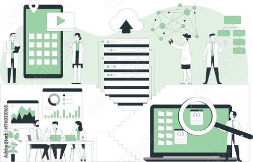 Diverse team engaged in technology and data analysis with servers and devices science research