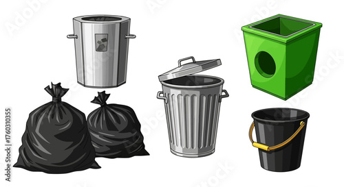 Collection of Trash Containers and Bags Illustration