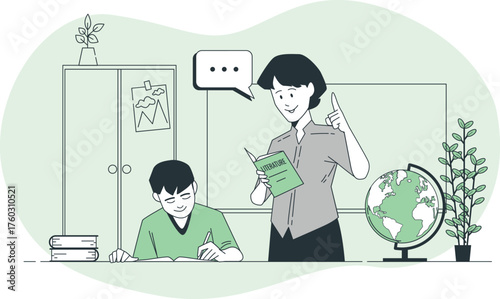 Teacher instructing a student in a classroom with a globe and books education learning