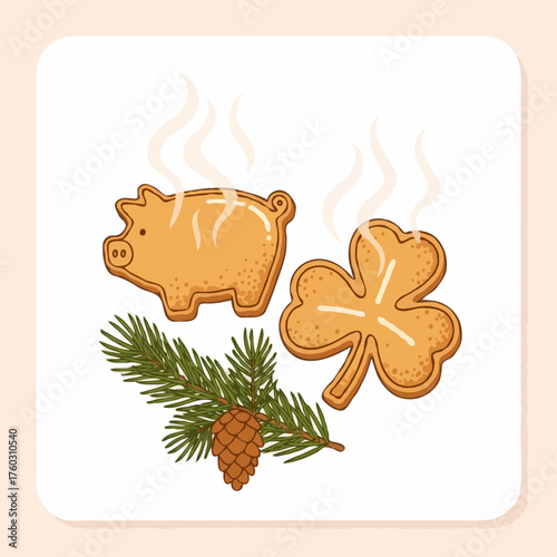 Austrian Christmas cookies shaped like pigs and clover, with a pine branch and pine cone, filled with festive aroma