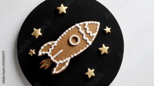 Gingerbread rocket cookie soaring through a starry night sky.