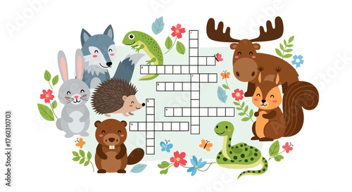 Cute Cartoon Animal Crossword Puzzle Illustration with Forest Wildlife and Playful Learning for Kids