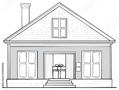 Gift boxes and packages delivered to the front porch steps of a classic home illustration