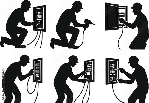 Electrician working on panels, safety gear, circuit breaker, wiring inspection, electrical tools, maintenance, control panel, flat vector, silhouette, engineering