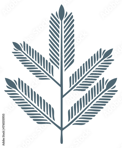 Stylized botanical illustration of a dark teal feather-like plant sprig