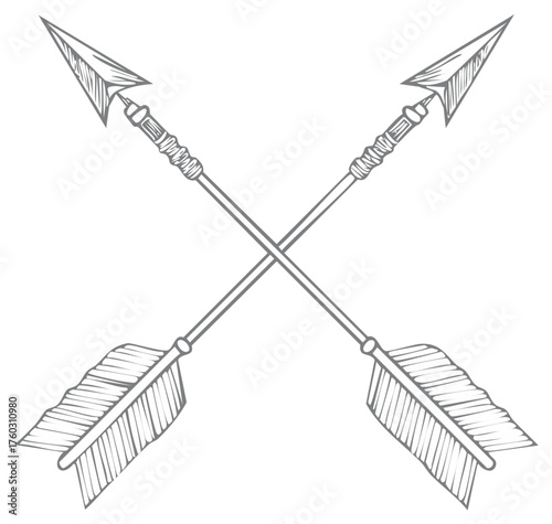 Two crossed arrows with feather fletching and sharp points in a sketched line art style
