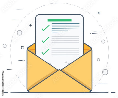 Open yellow envelope revealing a document with three green checkmarks and text