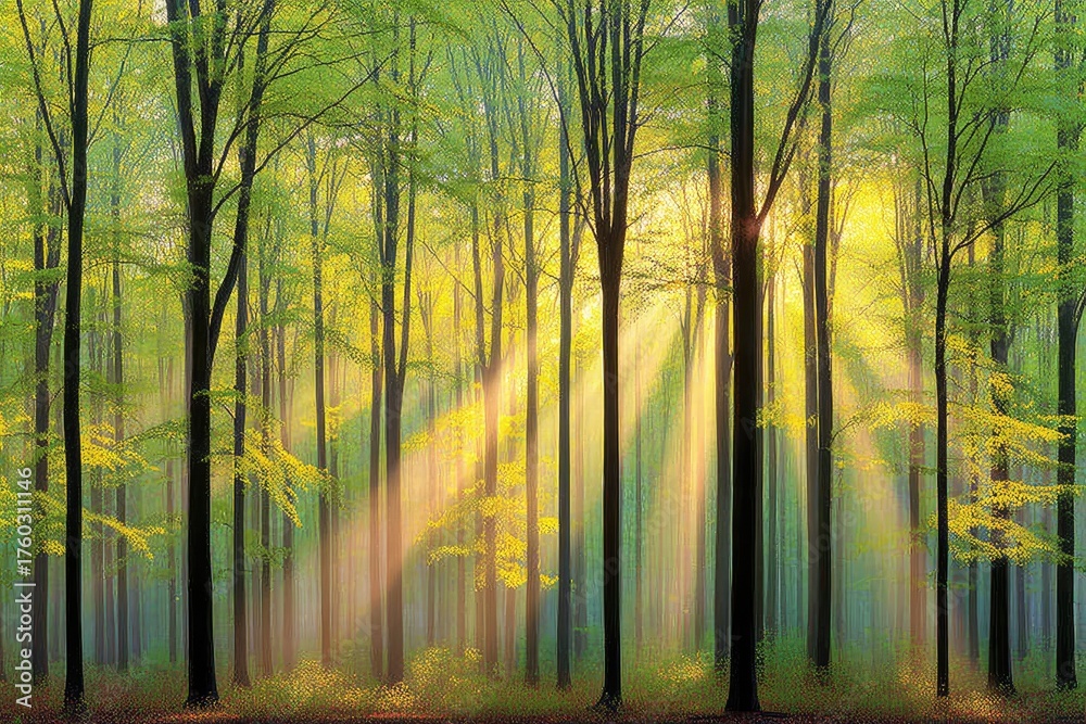 Obraz premium Sunlight streams through a vibrant forest