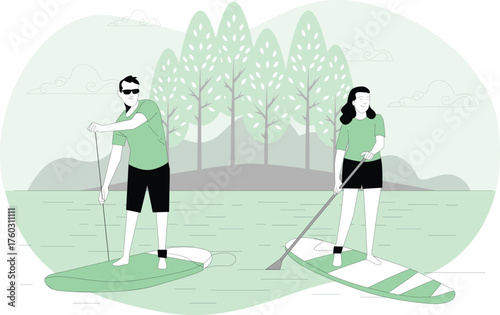 Couple paddleboarding on a lake with trees in the background stand up paddleboard