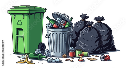 Overflowing Trash A Visual Representation of Waste Management Challenges and Recycling Efforts