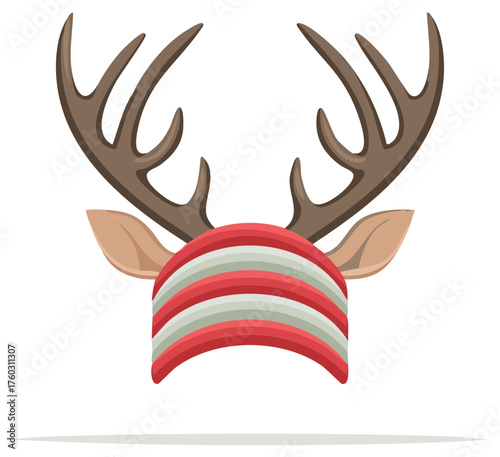 Festive holiday reindeer head with antlers wearing a cheerful striped winter hat
