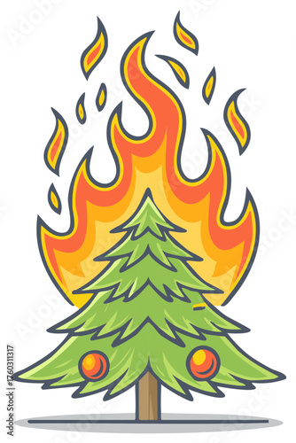 Christmas tree ablaze with flames cartoon style
