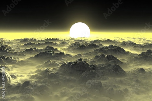 Sunrise over a vast, yellow-tinted cloud sea