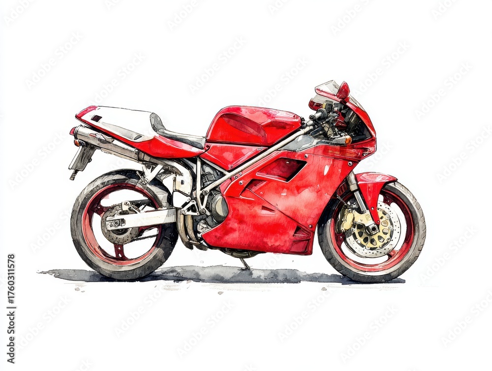Fototapeta premium Red Sportbike Watercolor Illustration on White Background