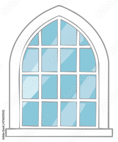 Cartoon illustration of a white arched window with blue glass panels