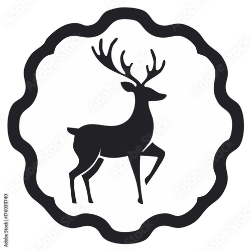 Black silhouette of a walking stag with antlers inside a decorative wavy frame emblem