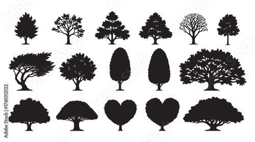 silhouette tree outline set, side view collection of minimal line art trees, graphic elements for architecture and landscape design, vector illustration on white background