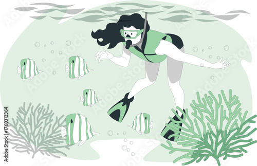 Woman snorkeling with fish and coral reefs in clear blue water diver underwater