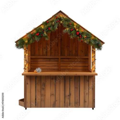 Wooden christmas market stall decorated with lights and garland isolated on transparent background