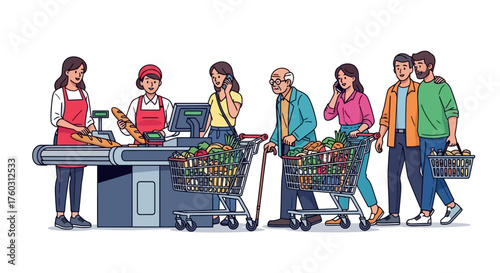 Customers Queueing at Supermarket Checkout A Busy Day
