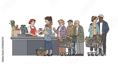 Checkout Queue at Grocery Store with Customers Waiting in Line
