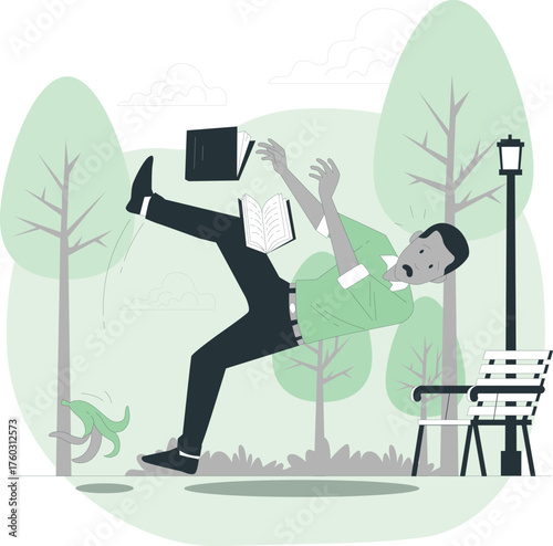 Man slipping on a banana peel in a park with books flying Keywords: slipping, banana peel, park, falling, accident, danger, hazard, clumsy, mishap, books, reading, education, outdoors, trees