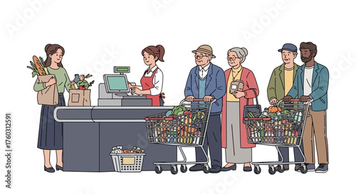 People in Line at a Supermarket Checkout with Groceries