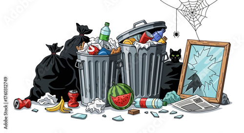 Overflowing Trash Cans with Debris, Shattered Mirror, and Playful Cat Cartoon