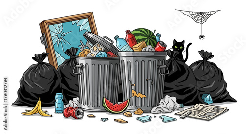 Overflowing Trash Scene with Broken Mirror, Bags, and Scattered Debris