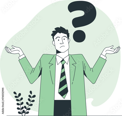 Confused man shrugging with a large question mark above his head Keywords: confusion, question, man, shrugging, uncertainty, doubt, dilemma, problem, thinking, puzzled, clueless, indecision