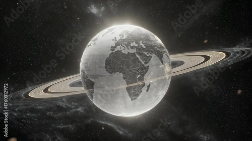 Earth planet with Saturn rings in cosmic space.