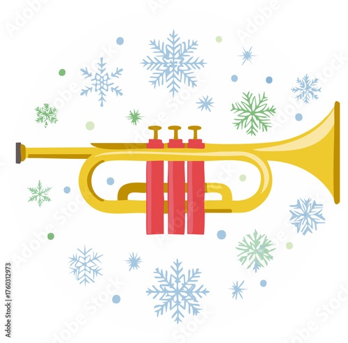 Festive golden trumpet with red accents surrounded by falling snowflakes for winter holiday music celebration