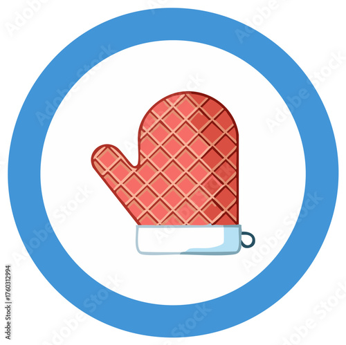 Cartoon illustration of an oven mitt, placed in a blue circle.