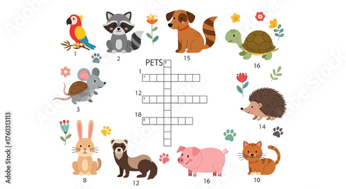Pet Crossword Puzzle Illustration for Children with Cute Animal Icons