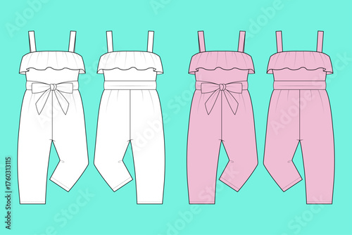 Kid Girls Ruffled Popover Jumpsuit with Bow-Tie Waist Colorway Set Fashion Apparel Flat Sketch Template.	