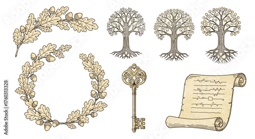 Elegant heritage vector elements with family tree wreath, vintage key, and lineage scroll for genealogy branding