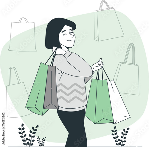 Happy woman holding shopping bags with other bags in the background Keywords: shopping, woman, happy, bags, consumerism, retail, sale, purchase, consumer, shopper, merchandise, fashion, lifestyle