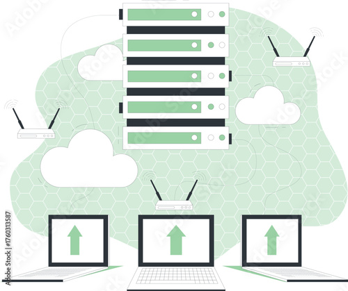 Network server rack with routers and laptops connected by cloud symbols Keywords: server rack, data center, cloud computing, network, technology, internet, connection, routers, laptops, computers